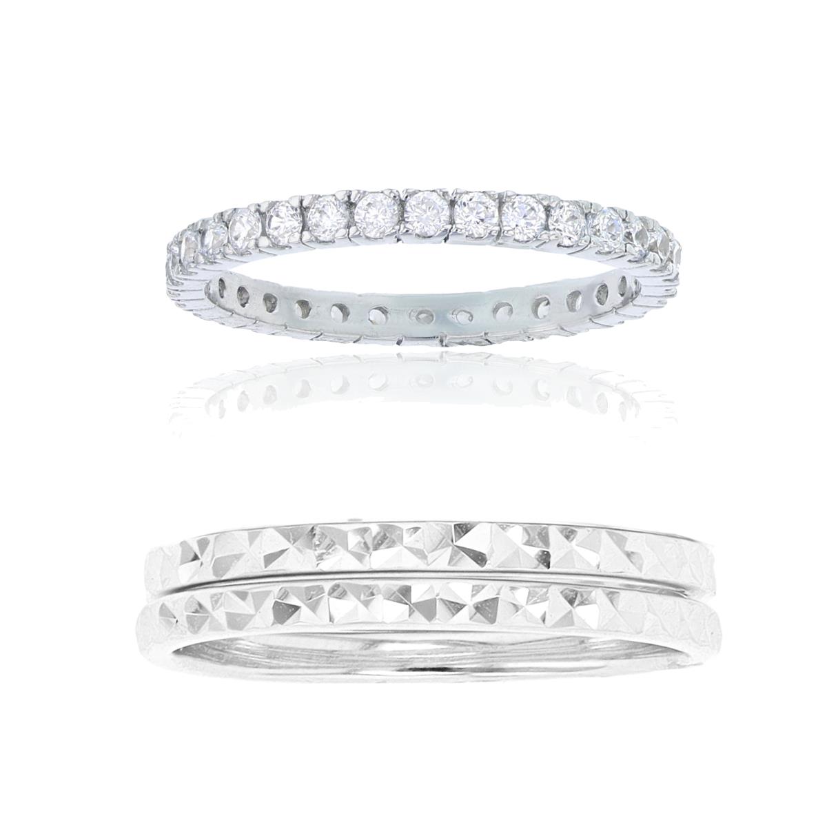Sterling Silver Rhodium 1.8mm Diamond Cut Double Stack & Round Cut Eternity Ring Set