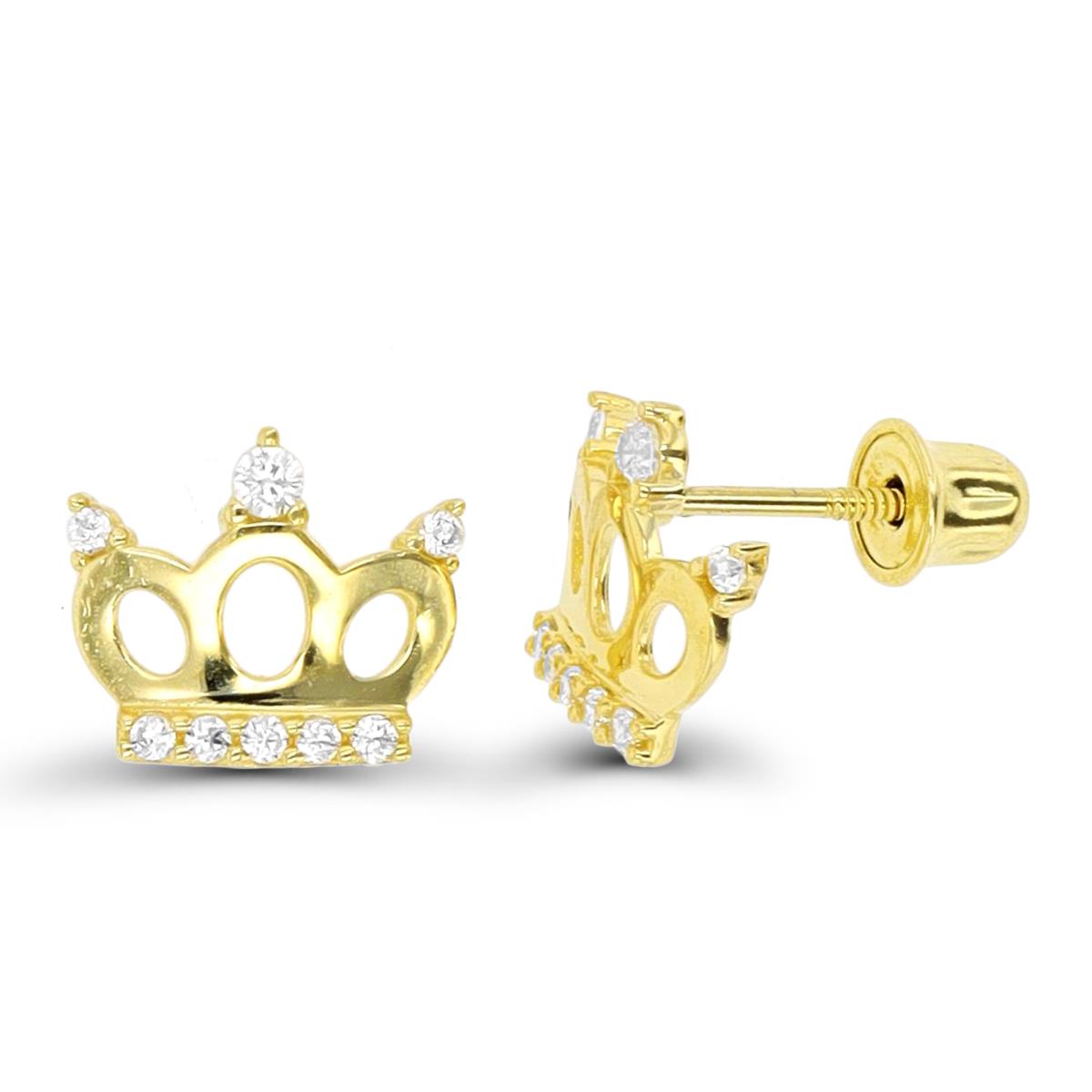 14K Yellow Gold CZ Crown Screwback Stud Earring