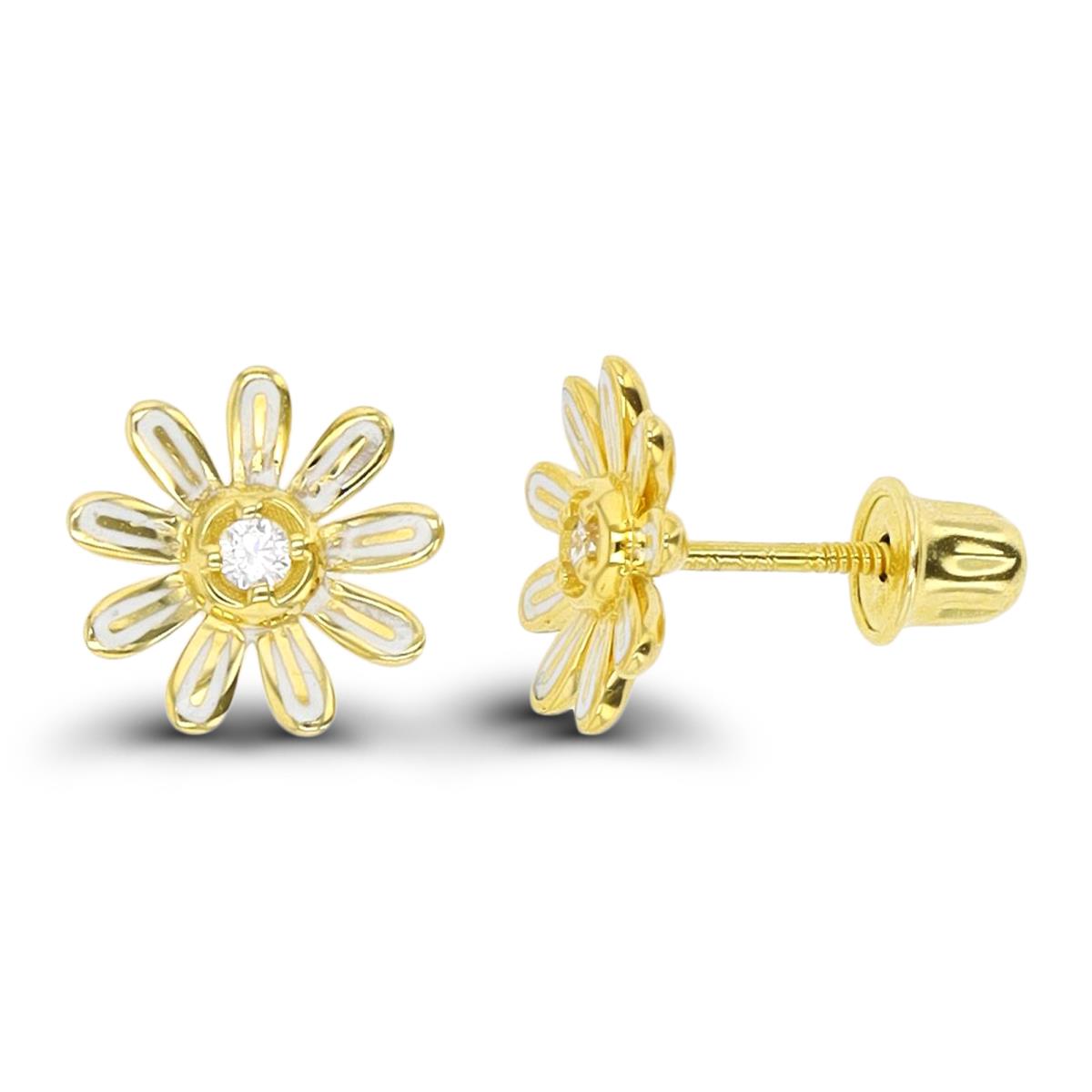 14K Yellow Gold CZ/Enamel Daisy Screwback 8mm  Stud Earring