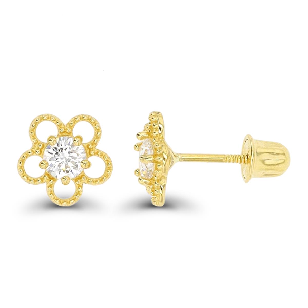 14K Yellow Gold Milgrain Flower Screwback Stud Earring