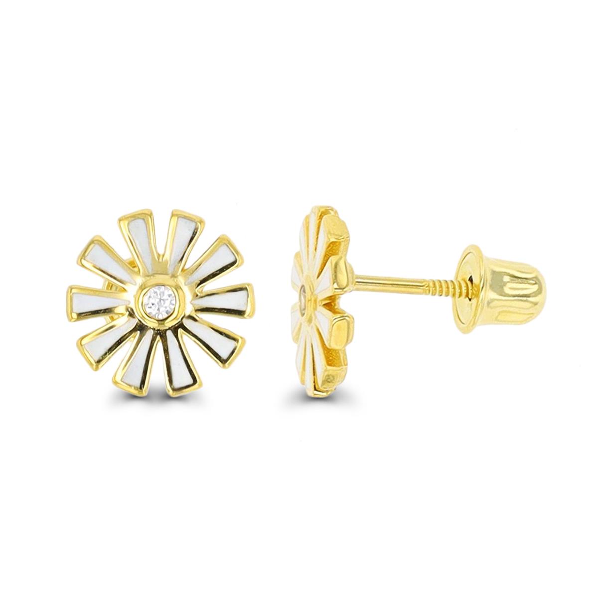 14K Yellow Gold Enamel Daisy Screwback 7x7mm Stud Earring