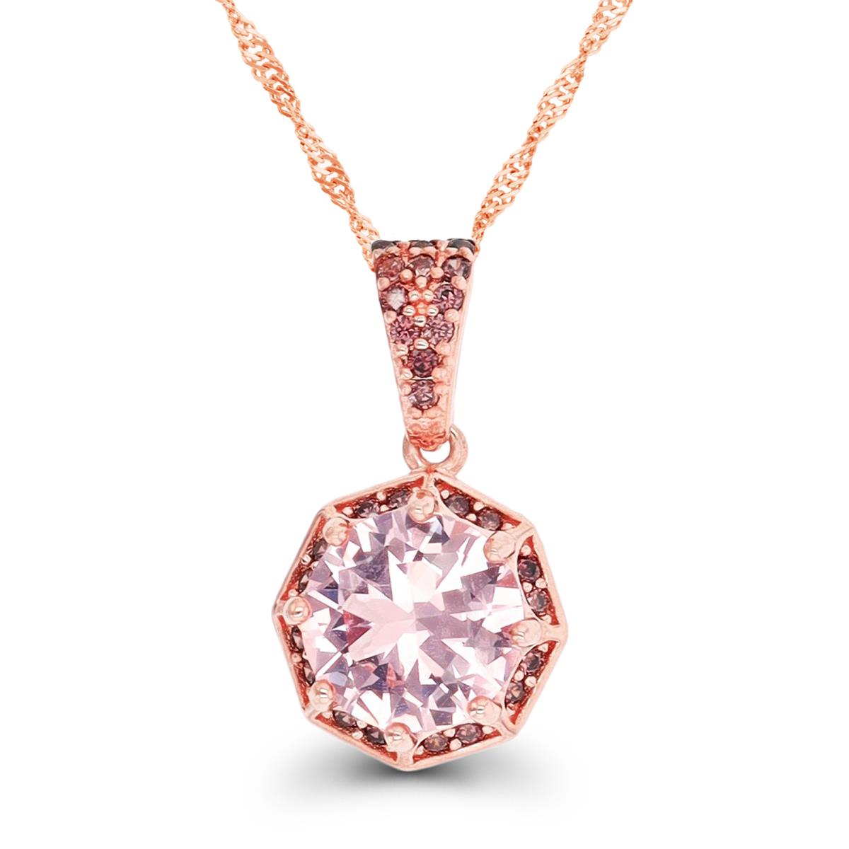 Sterling Silver Rose 8mm Rd Morganite & Coffee CZ Octagonal Halo 18"+2" Singapore Necklace