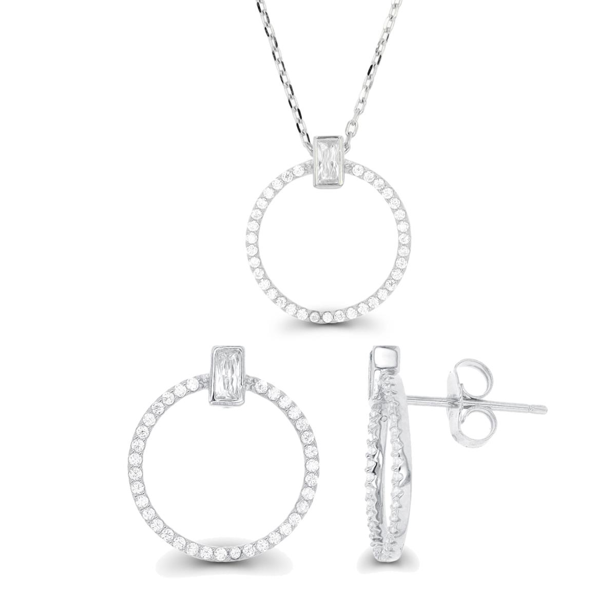 Sterling Silver Rhodium White CZ Open Circle 18"+2 Necklace & Earring Set