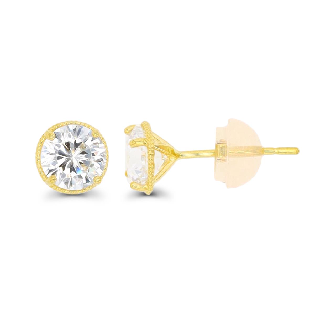 14K Yellow Gold 5mm Round CZ Subtle Milgrain Stud Earring with Silicone Back