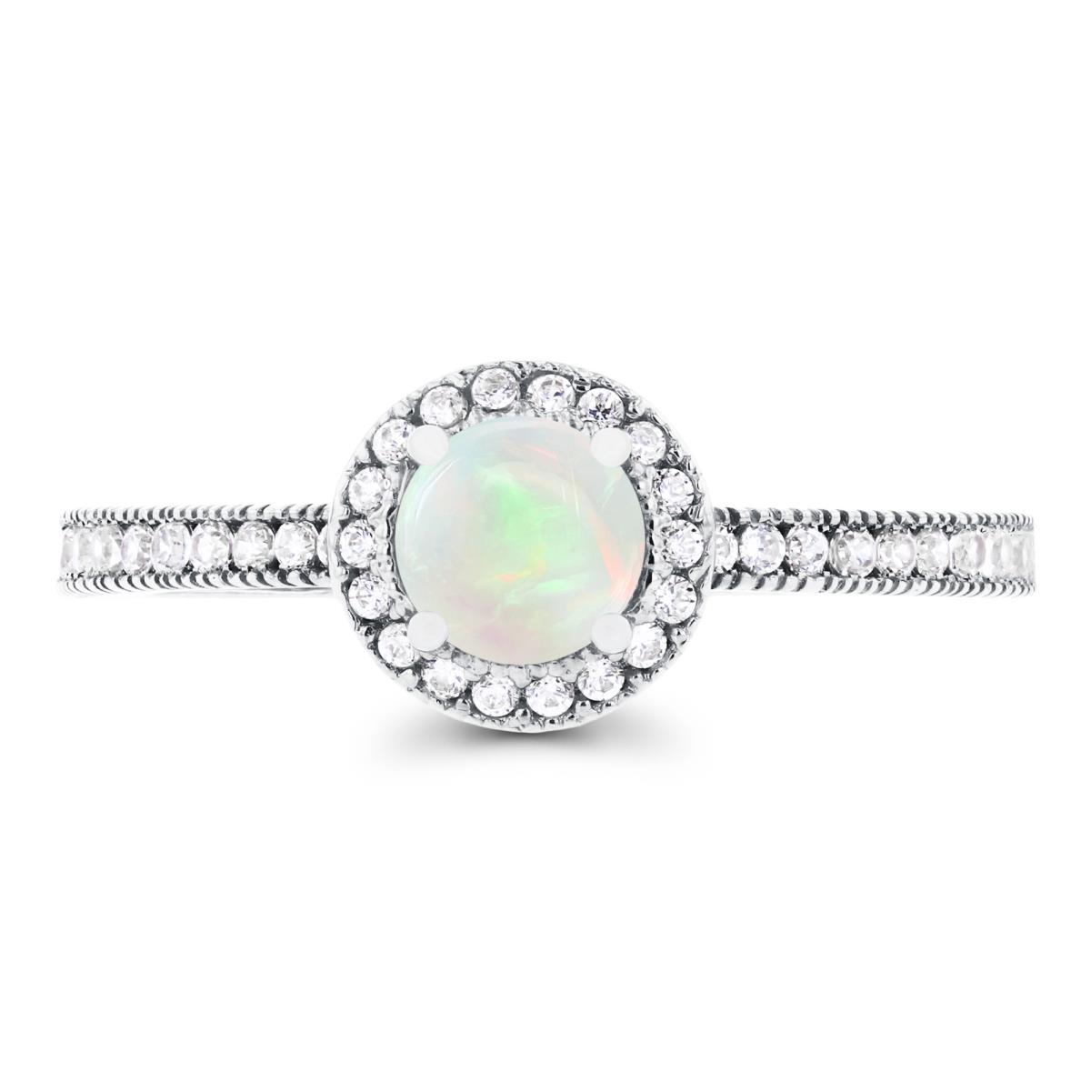 Sterling Silver Rhodium 5mm Opal & Created White Sapphire Milgrain Halo Ring