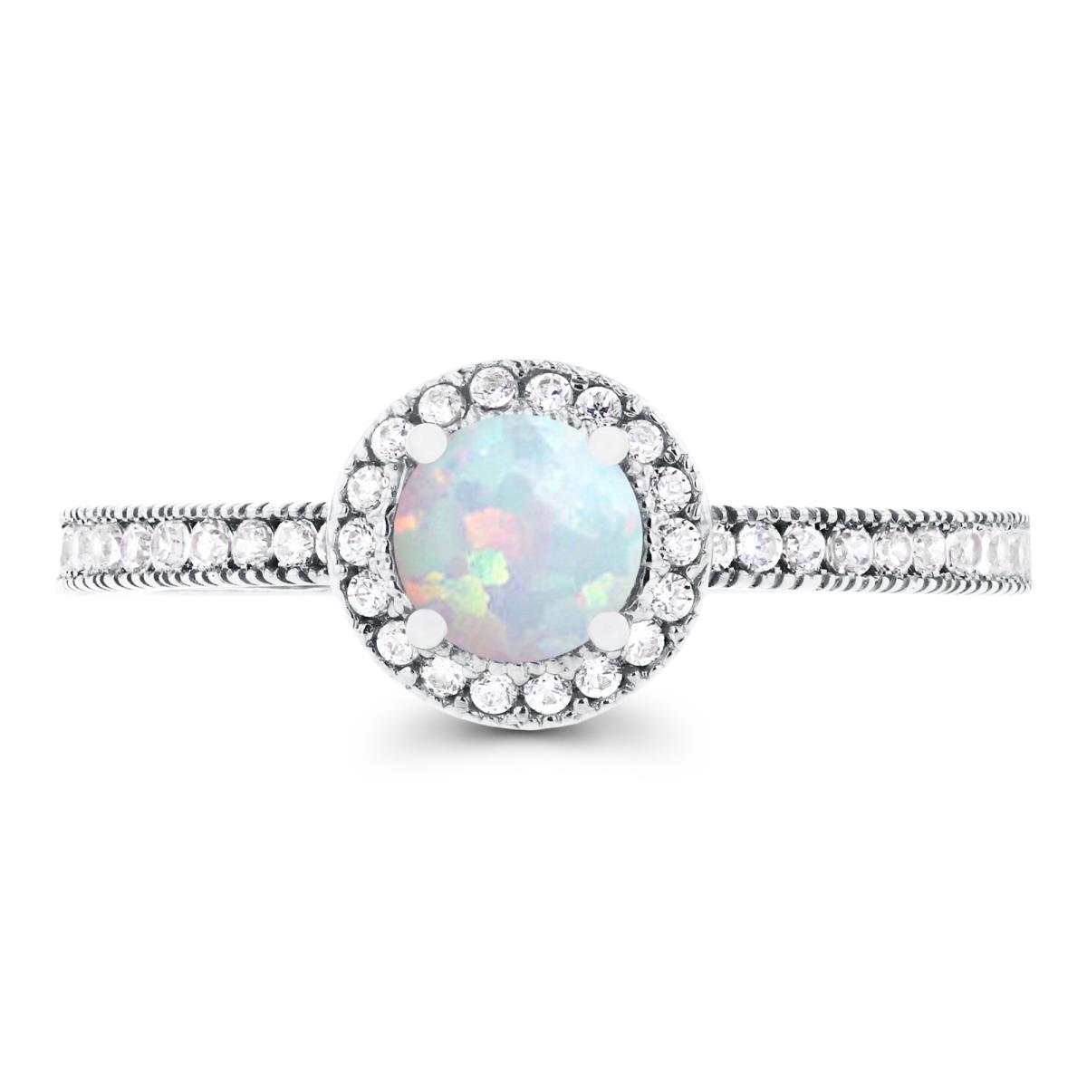 Sterling Silver Rhodium 5mm Created Opal & Created White Sapphire Milgrain Halo Ring