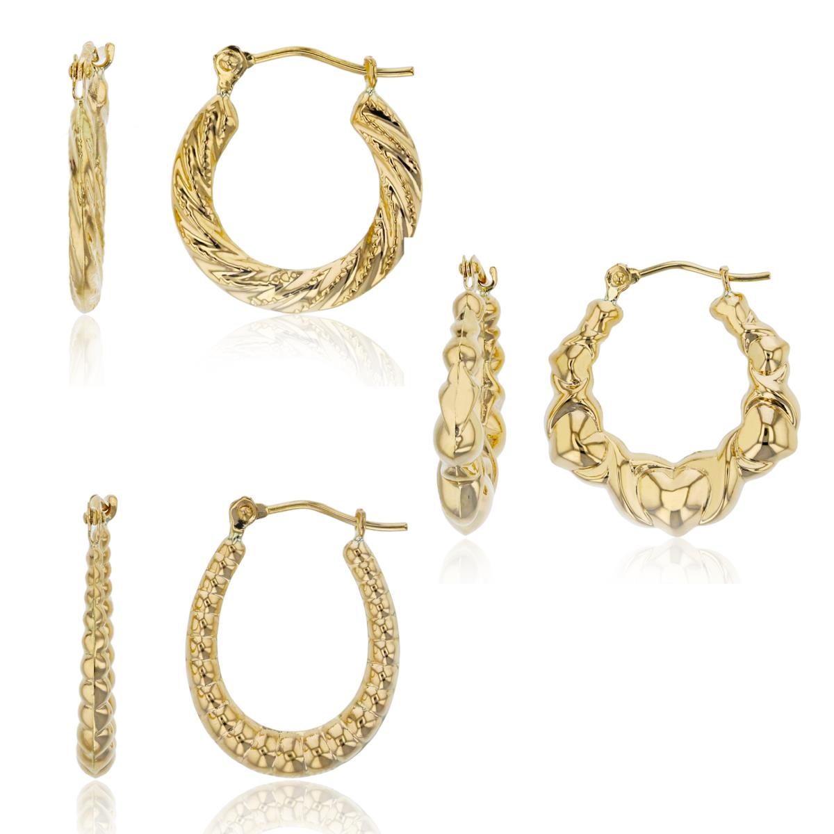 10K Yellow Gold Twisted, Multiple Hearts & Shrimp Hoop Earrings Set