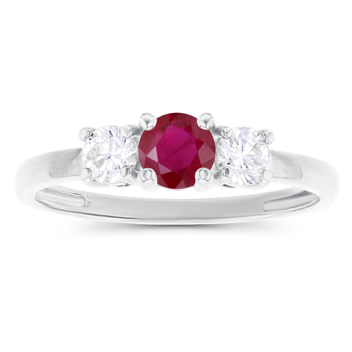 14K White Gold 4.50mm Ruby & 3.50mm Created White Sapphire Sides Ring