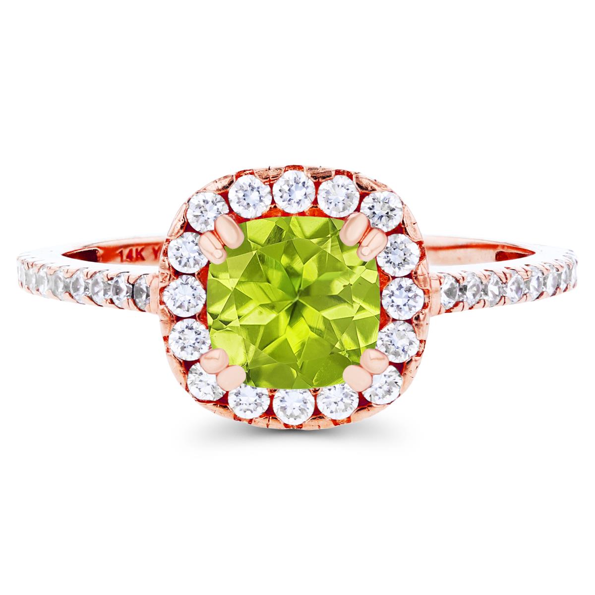 Sterling Silver Rose 6mm Cushion Peridot & Created White Sapphire Halo Engagement Ring