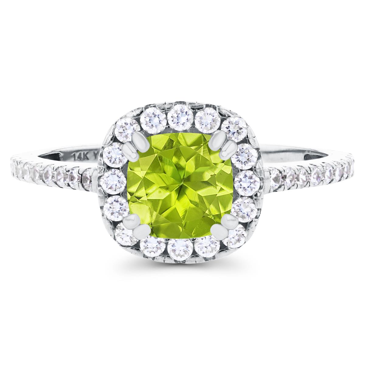 Sterling Silver Rhodium 6mm Cushion Peridot & Created White Sapphire Halo Engagement Ring