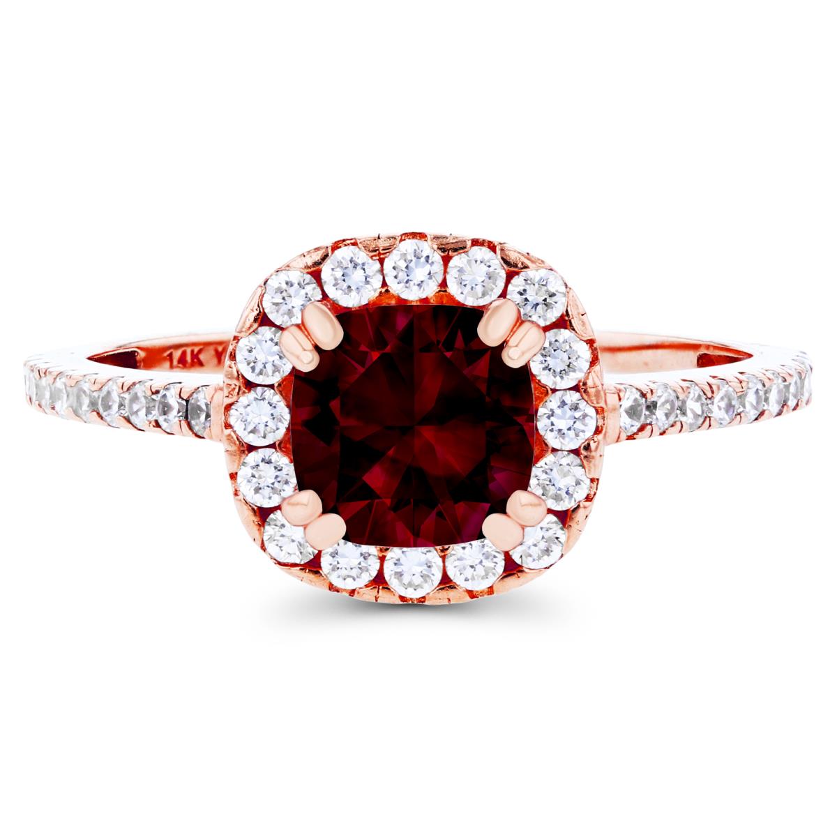 Sterling Silver Rose 6mm Cushion Garnet & Created White Sapphire Halo Engagement Ring