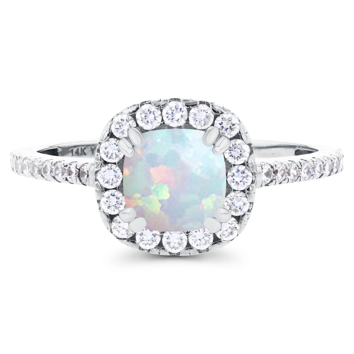Sterling Silver Rhodium 6mm Cushion Created Opal & Created White Sapphire Halo Engagement Ring