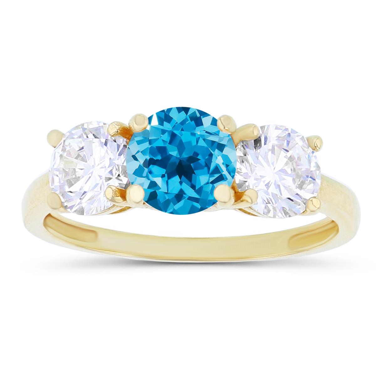 14K Yellow Gold 3-Stones Amethyst Swiss Blue Topaz & Created White Sapphire Anniversary Ring