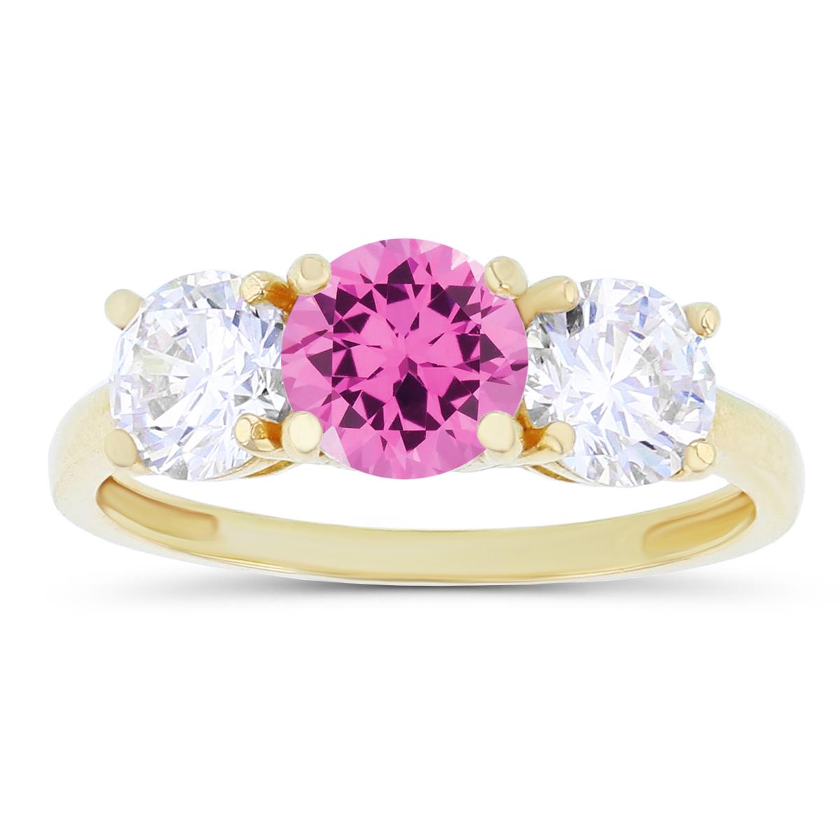 14K Yellow Gold 3-Stones Created Pink Sapphire & Created White Sapphire Anniversary Ring