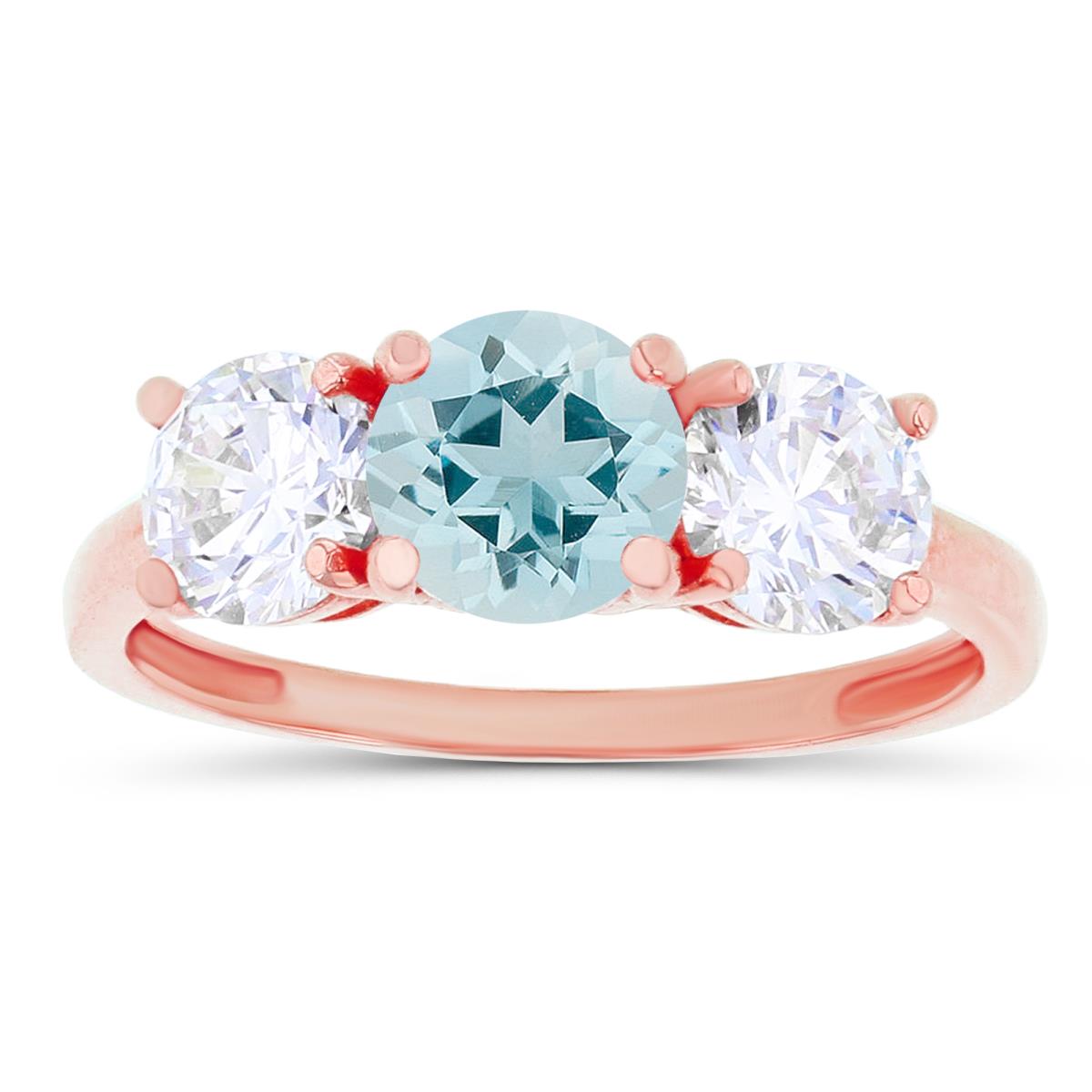 Sterling Silver Rose 3-Stones Aquamarine & Created White Sapphire Anniversary Ring