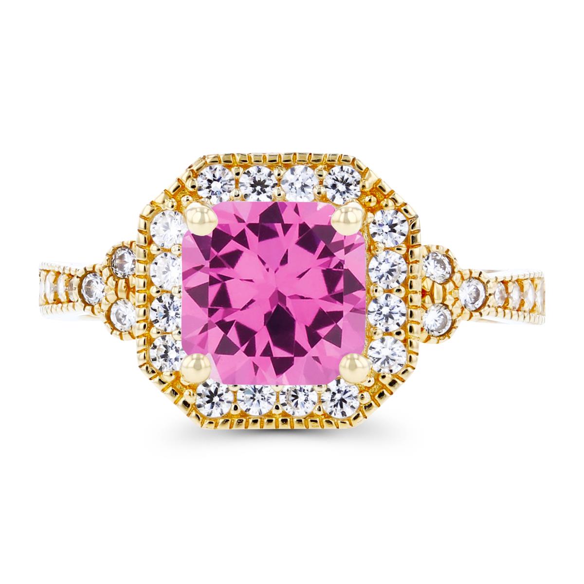 14K Yellow Gold 7mm Cushion Created Pink Sapphire & Created White Sapphire Hexagon Milgrain Ring