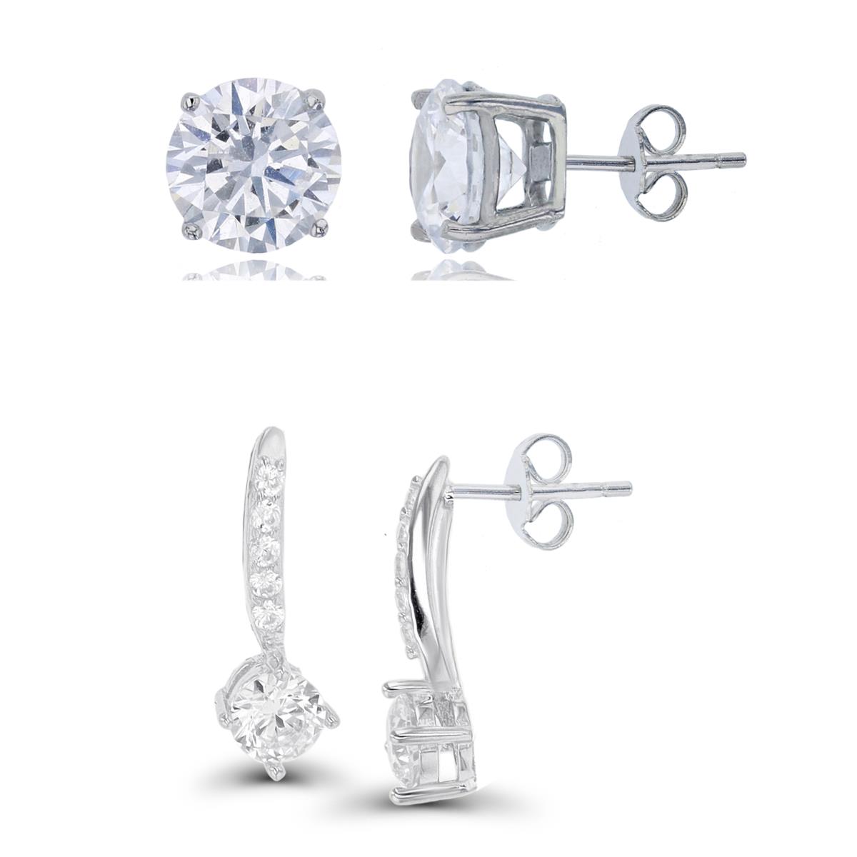 Sterling Silver Rhodium 4.5mm Rd CZ Paved Front Dngl & 8mm Round Solitaire Stud Set