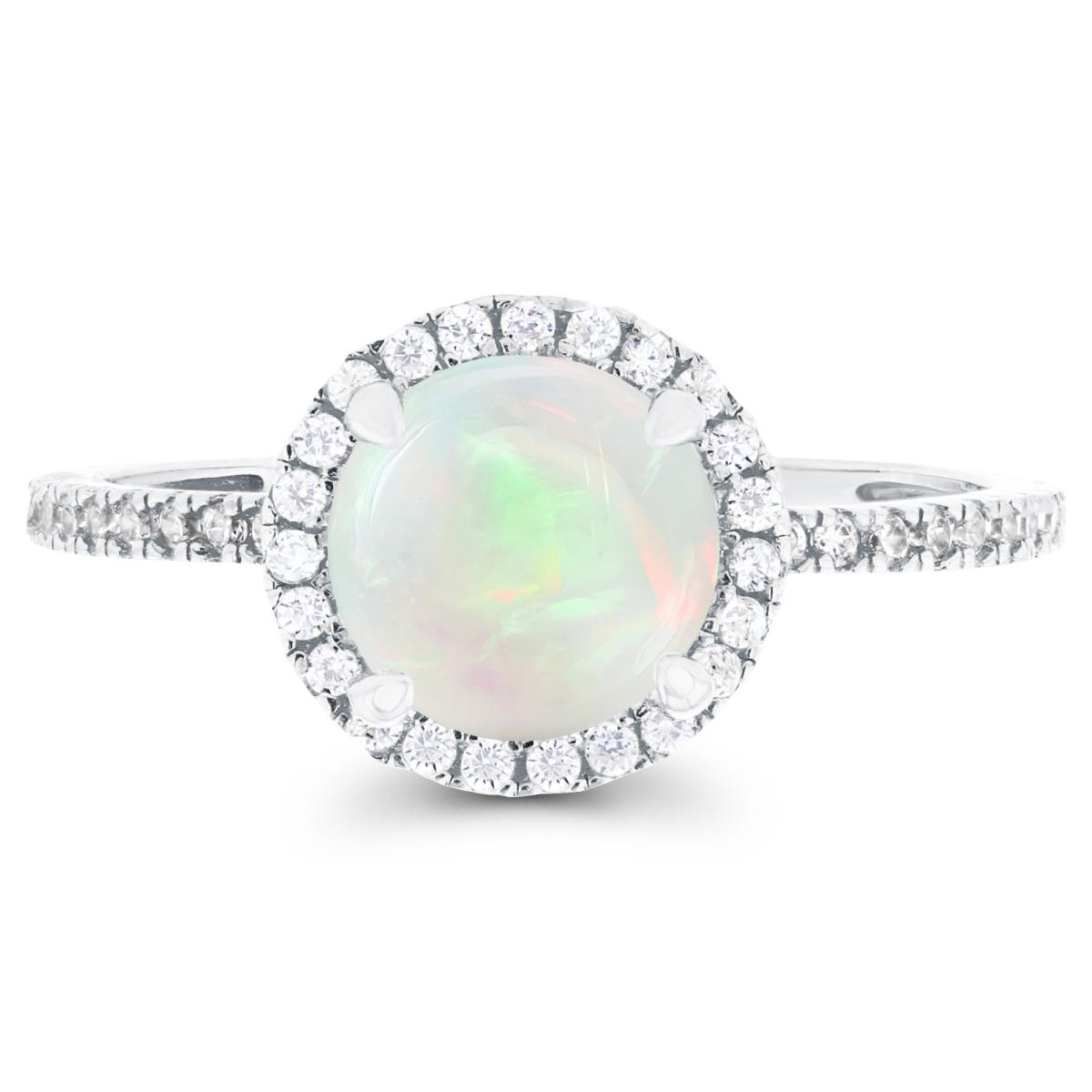 Sterling Silver Rhodium 7mm Opal & Created White Sapphire Halo Engagement Ring