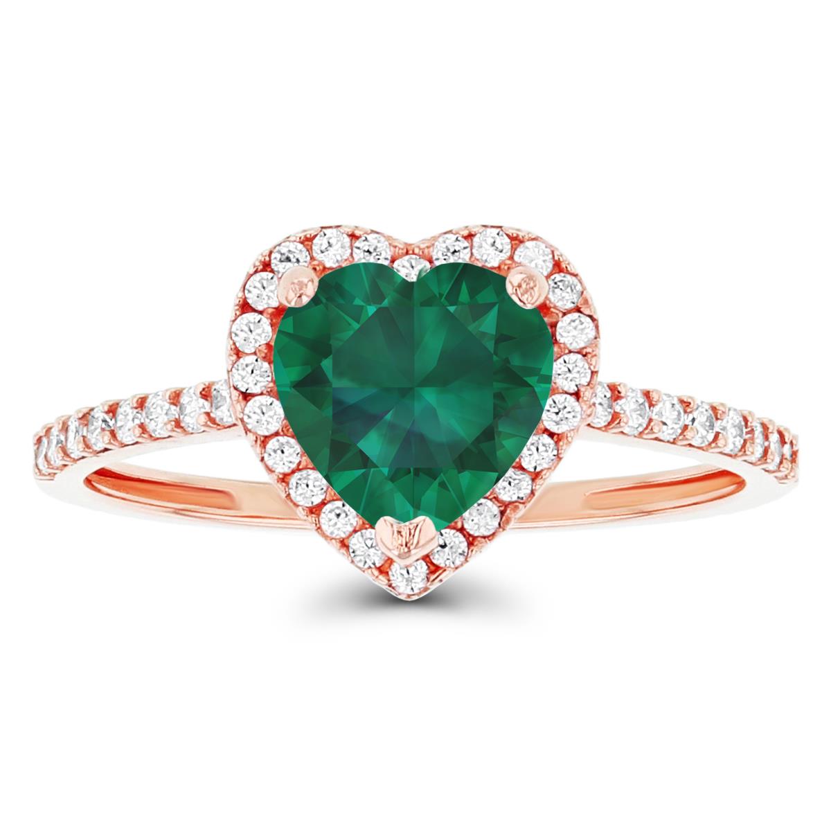 Sterling Silver Rose 7mm Heart Created Emerald & Created White Sapphire Halo Ring