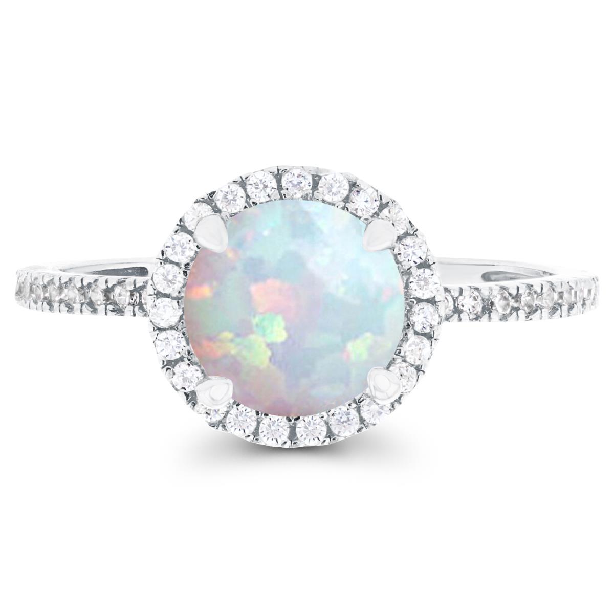 Sterling Silver Rhodium 7mm Created Opal & Created White Sapphire Halo Engagement Ring