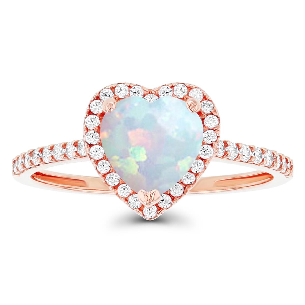 Sterling Silver Rose 7mm Heart Created Opal & Created White Sapphire Halo Ring