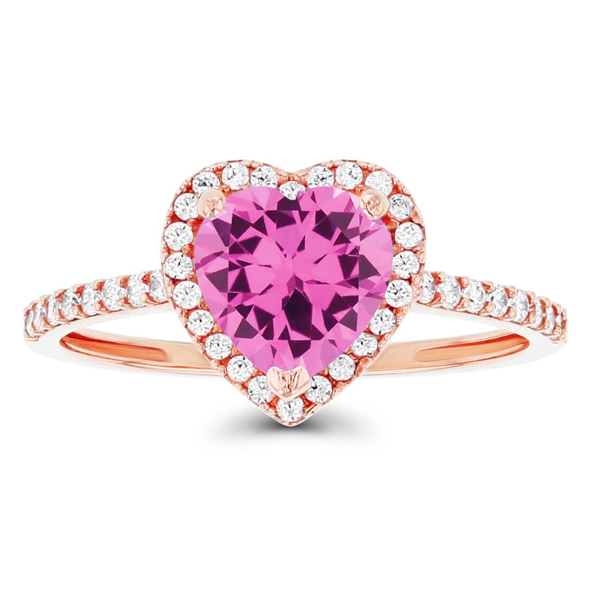 14K Rose Gold 7mm Heart Created Pink Sapphire & Created White Sapphire Halo Ring