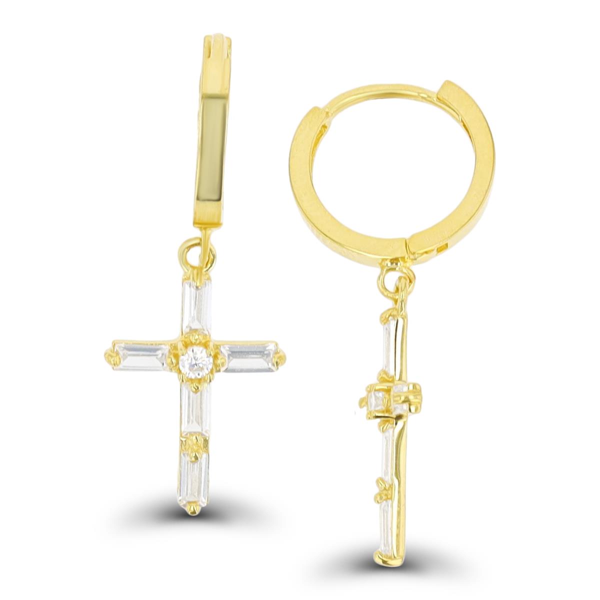 14K Yellow Gold Baguette CZ Cross Dangling Huggie Earring