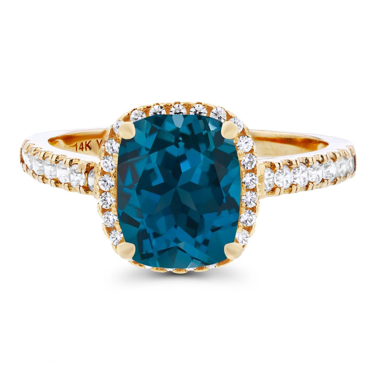 Sterling Silver Yellow 9x7mm Cushion London Blue Topaz & Created White Sapphire Halo Ring