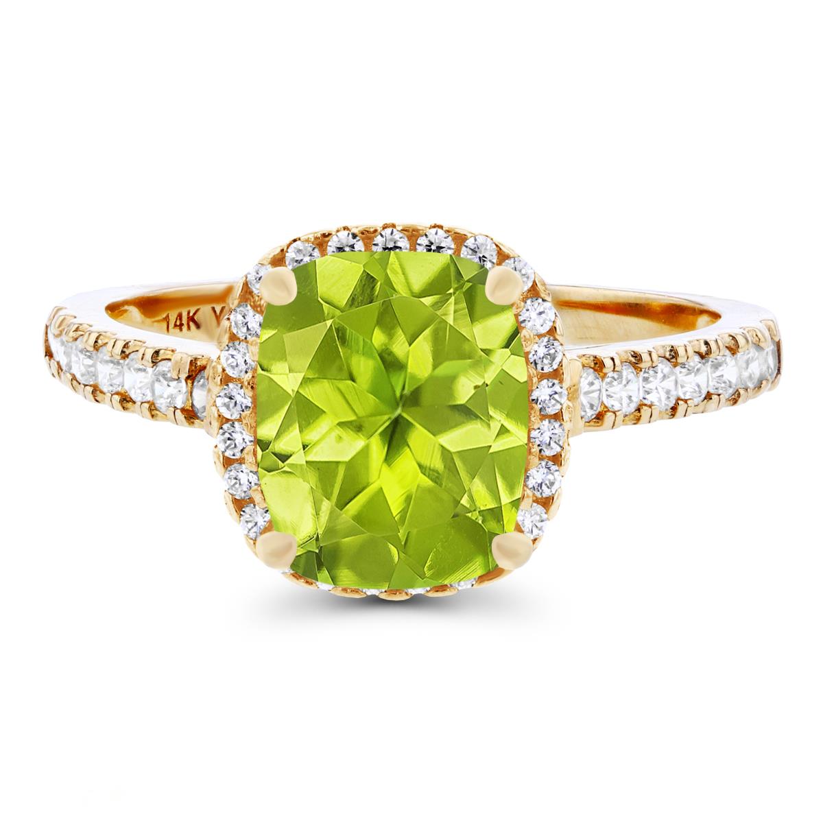 Sterling Silver Yellow 9x7mm Cushion Peridot & Created White Sapphire Halo Ring