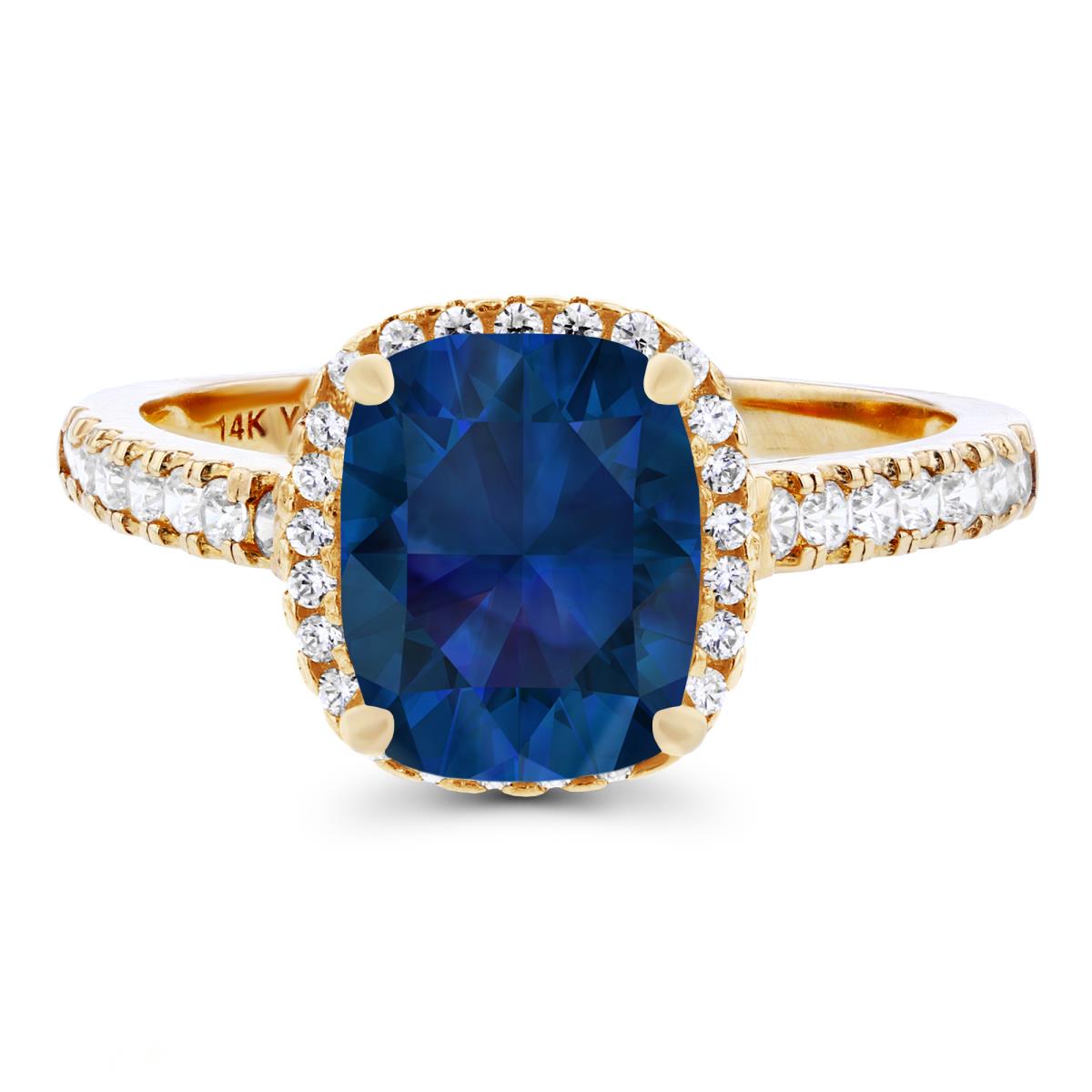 Sterling Silver Yellow 9x7mm Cushion Created Blue Sapphire & Created White Sapphire Halo Ring