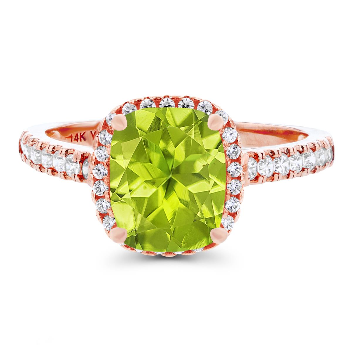 Sterling Silver Rose 9x7mm Cushion Peridot & Created White Sapphire Halo Ring