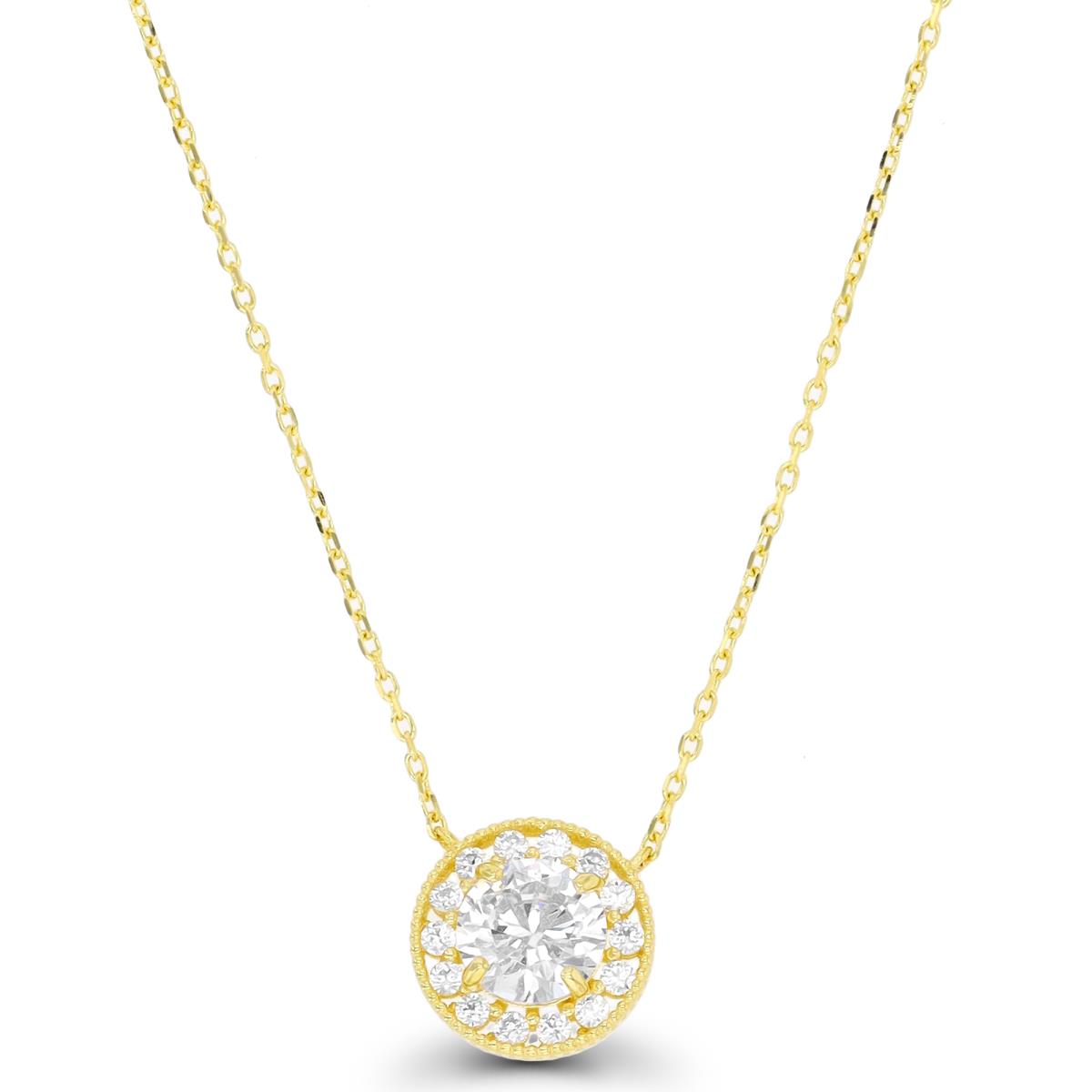 14K Yellow Gold 5.50mm Round CZ Halo Milgrain 16"+2" Necklace