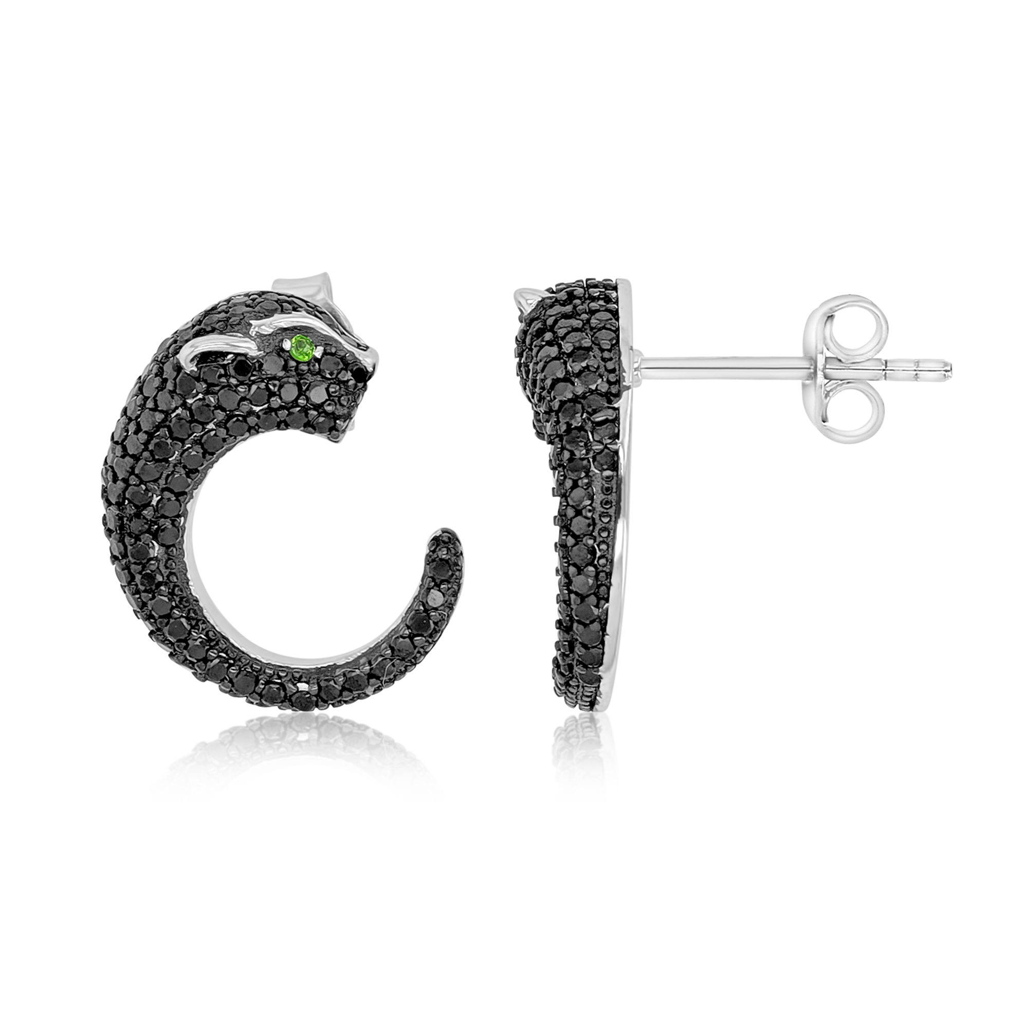 Sterling Silver Two-Tone Rnd Black Spinel Leopard with Chrome Diopside Eyes Stud Earrings 