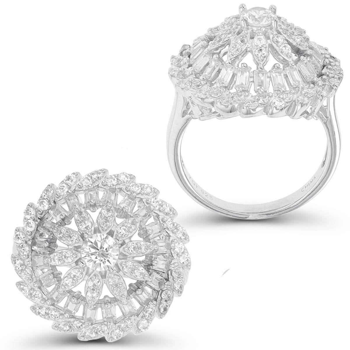 Sterling Silver Rhodium Rd & Bgt CZ Domed Fashion Ring