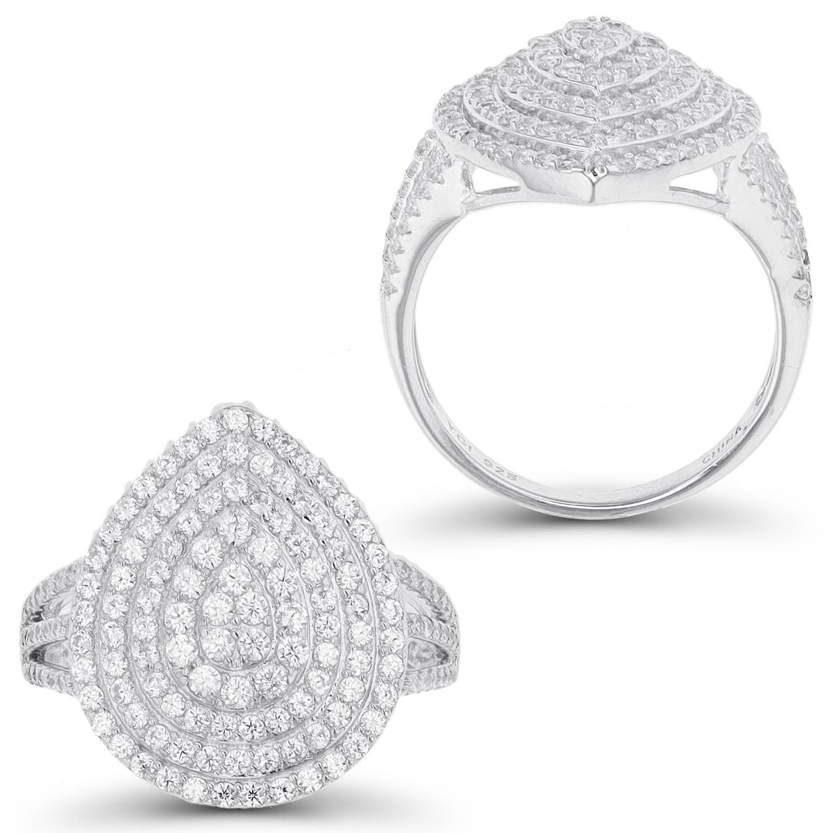 Sterling Silver Rhodium Multi Row Pear Shaped Domed Fashion Ring