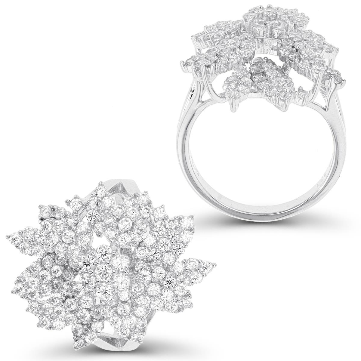 Sterling Silver Rhodium Paved Flower Fashion Ring