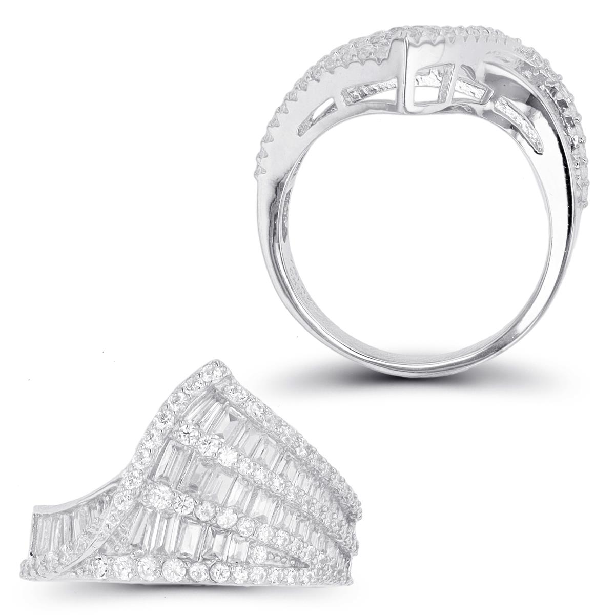 Sterling Silver Rhodium Rd & Bgt CZ Pointy Fashion Ring