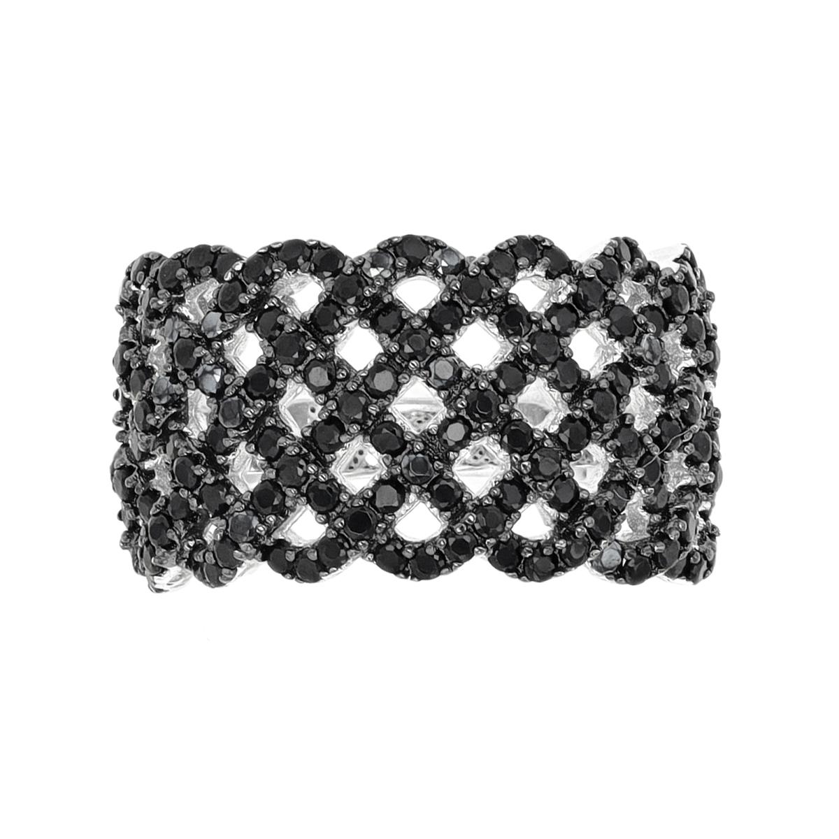 Sterling Silver Rhodium & Black Paved Black Spinel Weave Fashion Ring