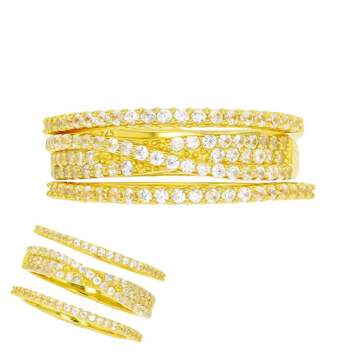 Sterling Silver Yellow Thin Band & Overlapped Stack Set of 3 Rings