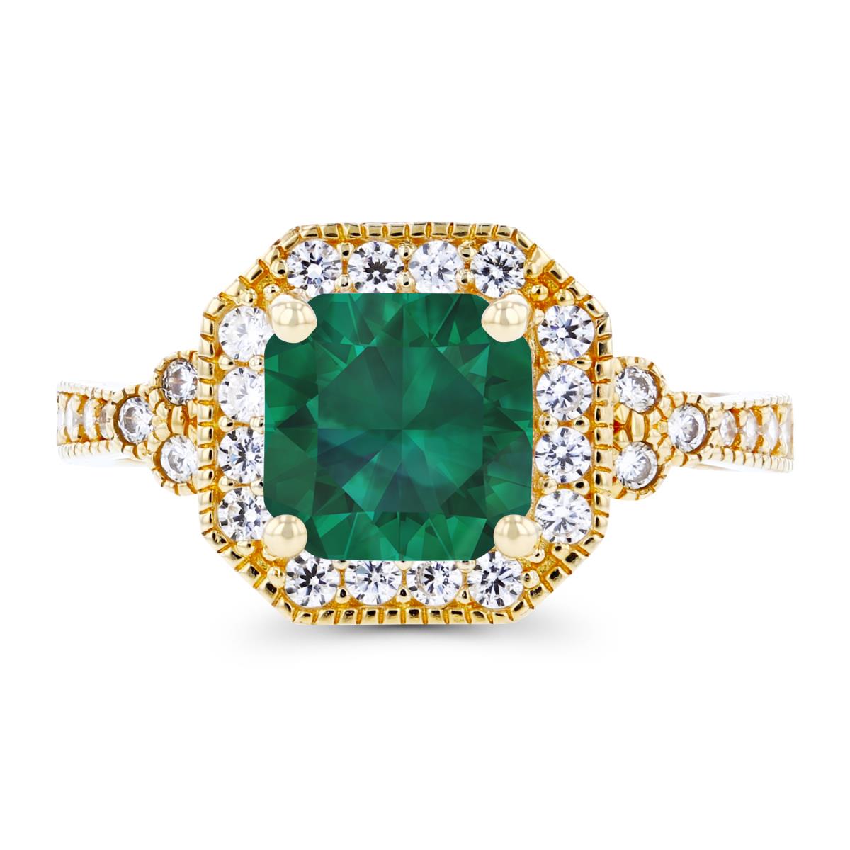 14K Yellow Gold 7mm Cushion Created Emerald & Created White Sapphire Hexagon Milgrain Ring