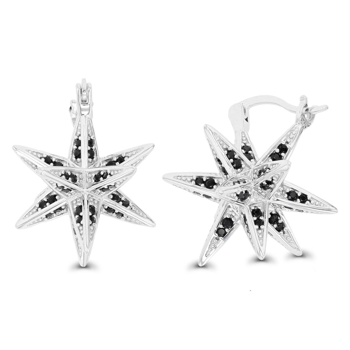 Sterling Silver Rhodium Paved Black SPinel Sparkling Star Earring