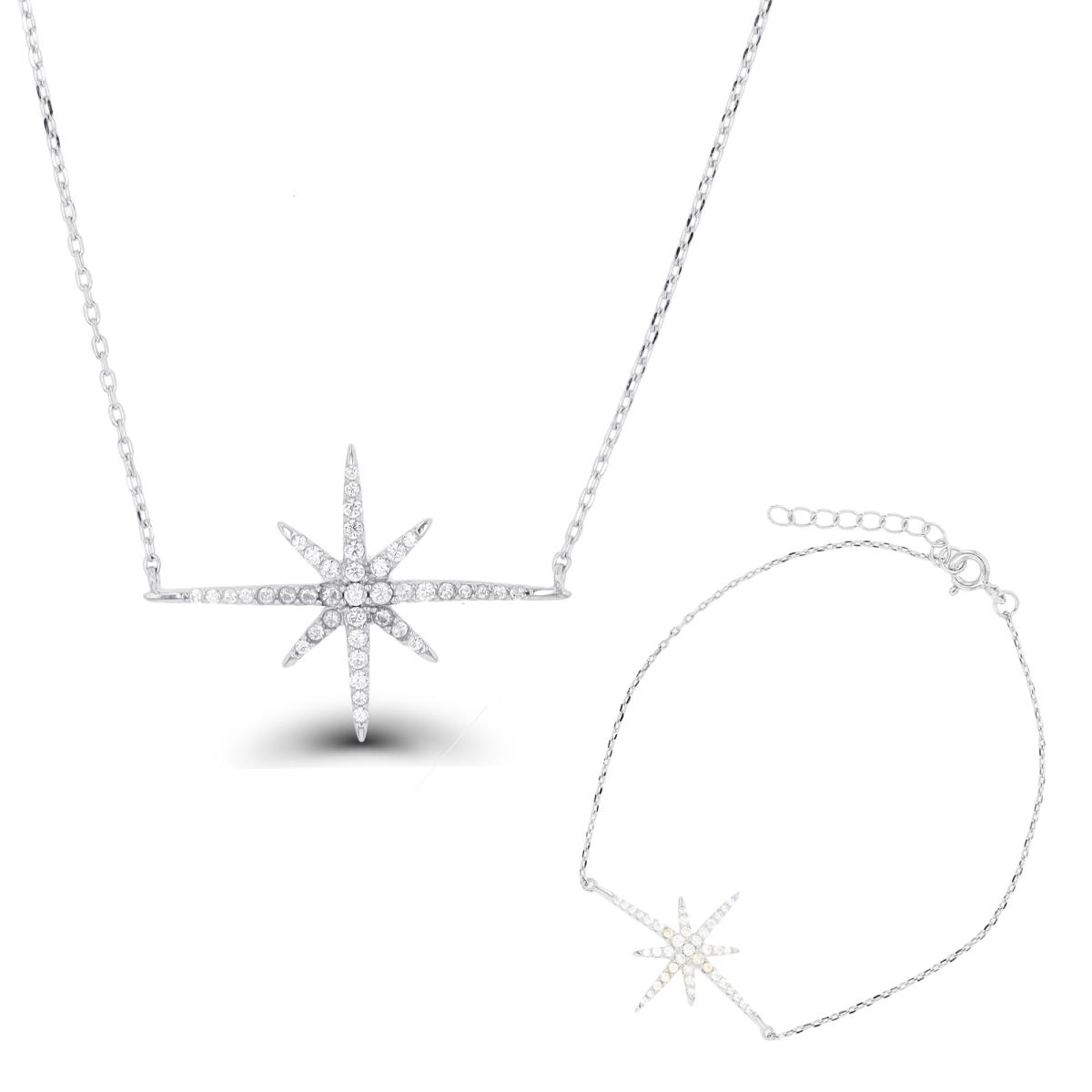 Sterling Silver Rhodium Starburst 18"+2" Necklace & Bracelet Set