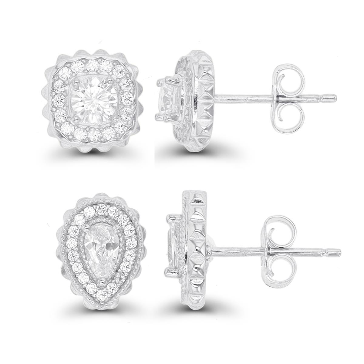 Sterling Silver Rhodium 4.5mm Rd CZ Squared Halo & 5x3mm Pear CZ Halo Earring Set