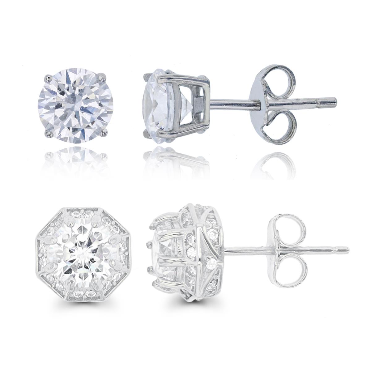 Sterling Silver Rhodium 6mm Rd CZ Hexagon & Solitaire Stud Earring Set
