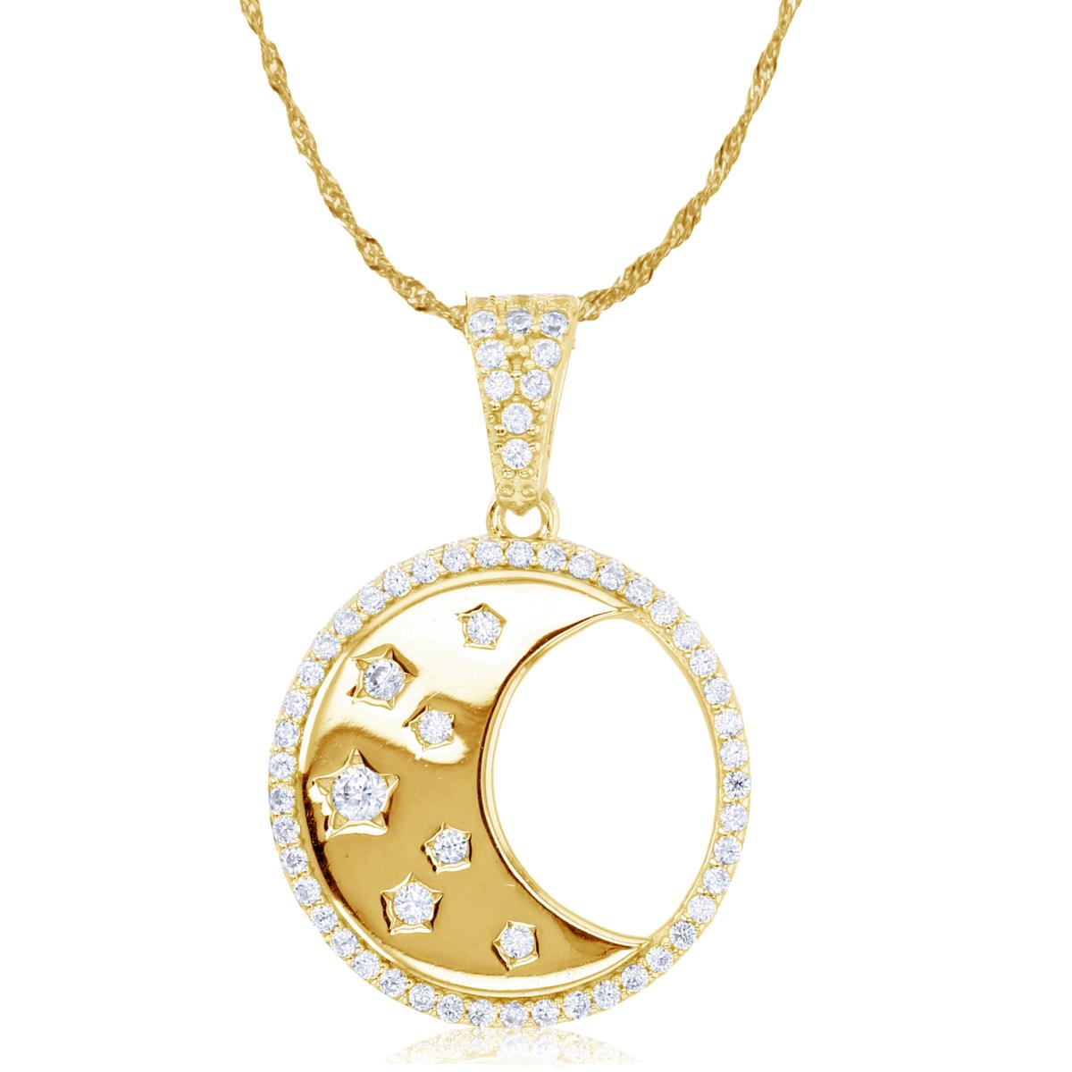 Sterling Silver Yellow Rnd White CZ High Polished Moon in Circle 18"+2" Singapore Necklace