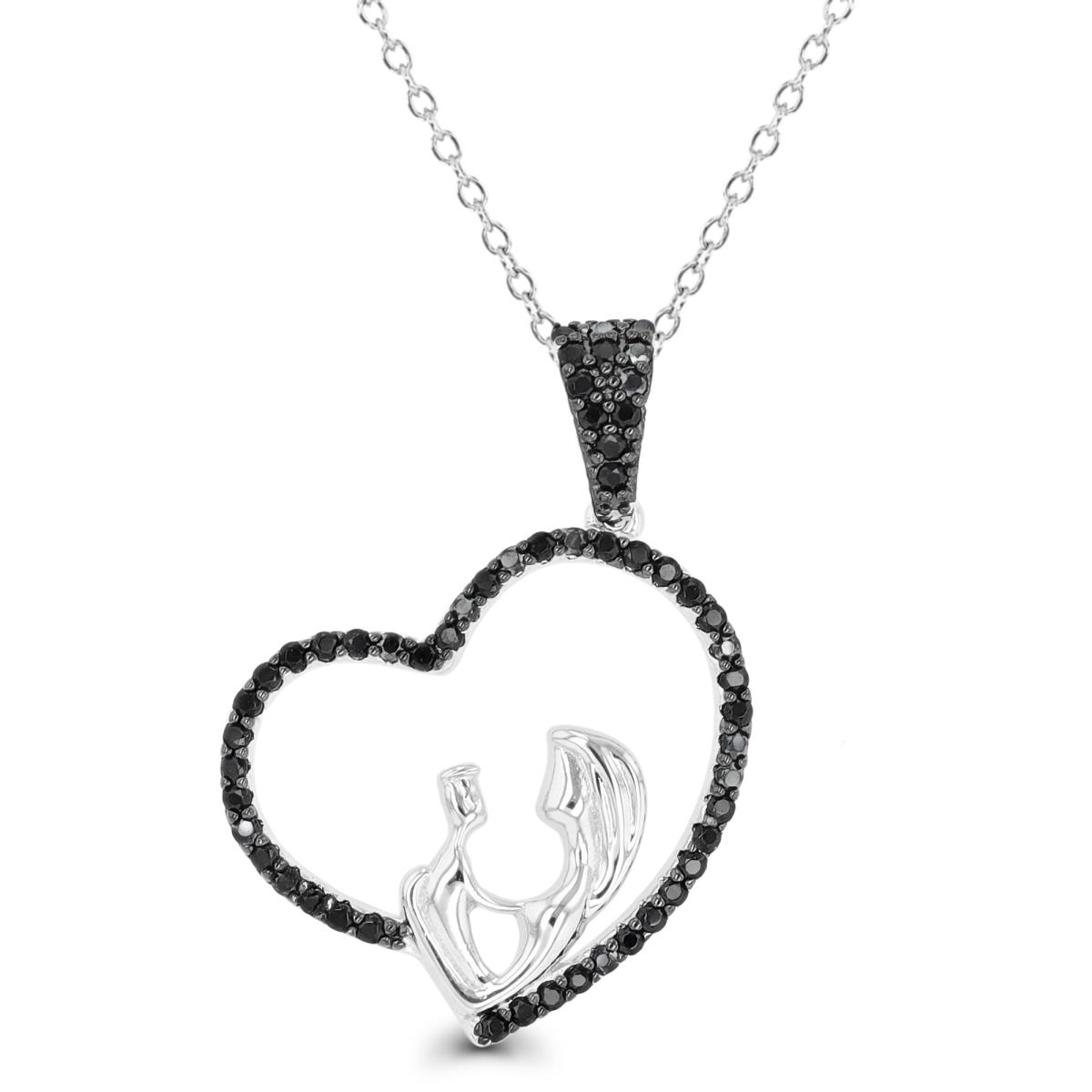 Sterling Silver Rhodium & Black Holding Hands within Heart Black Spinel 18" Necklace