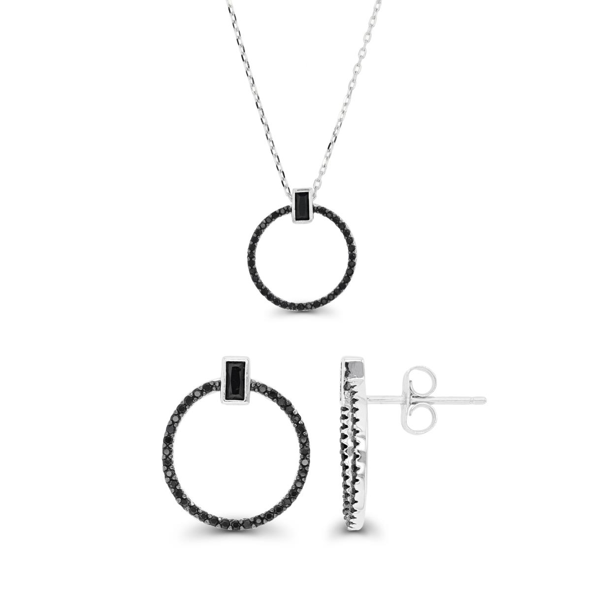 Sterling Silver Rhodium & Black White Black Spinel Open Circle 18"+2 Necklace & Earring Set