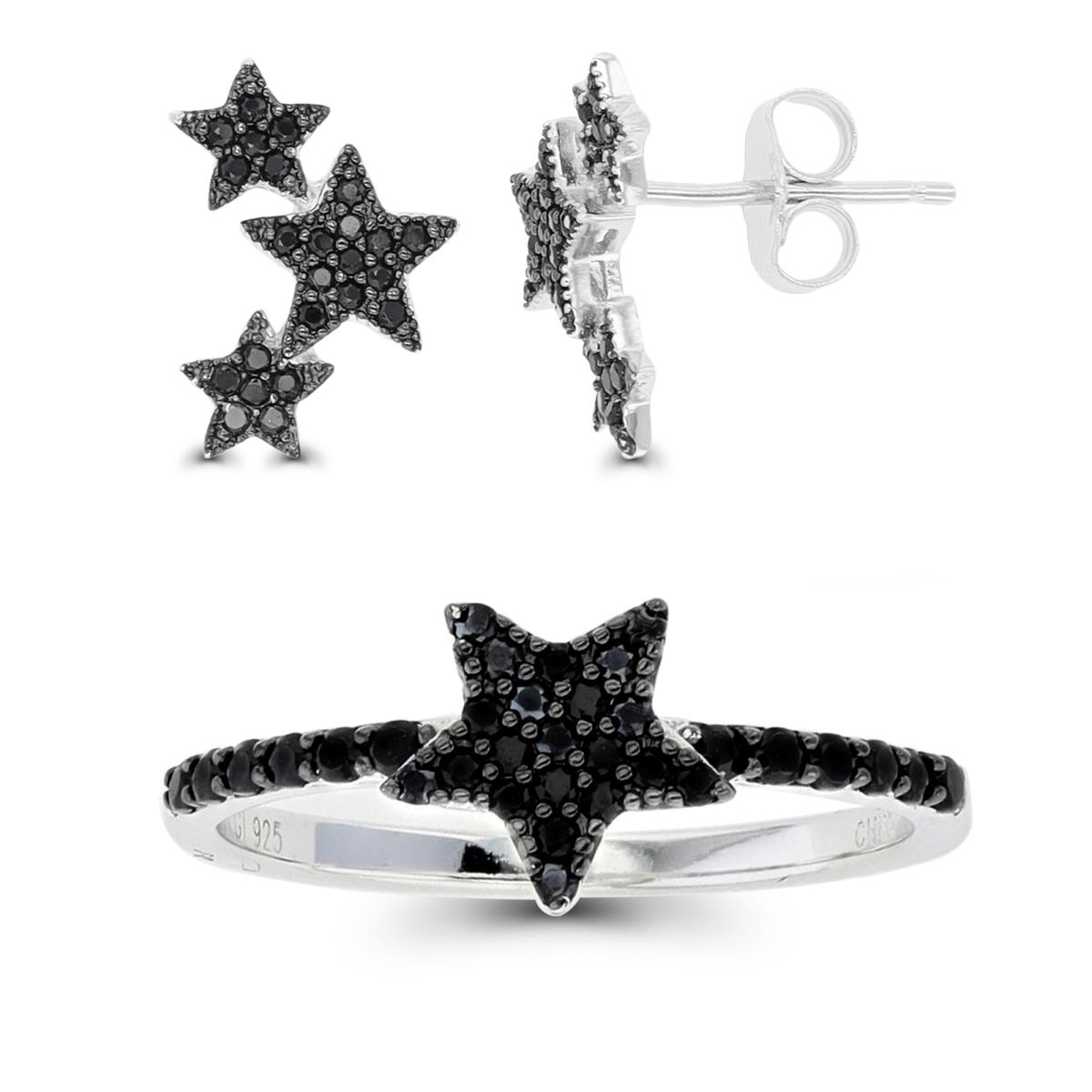Sterling Silver Rhodium & Black Triple Star Black Spinel Earring & Star Ring Set