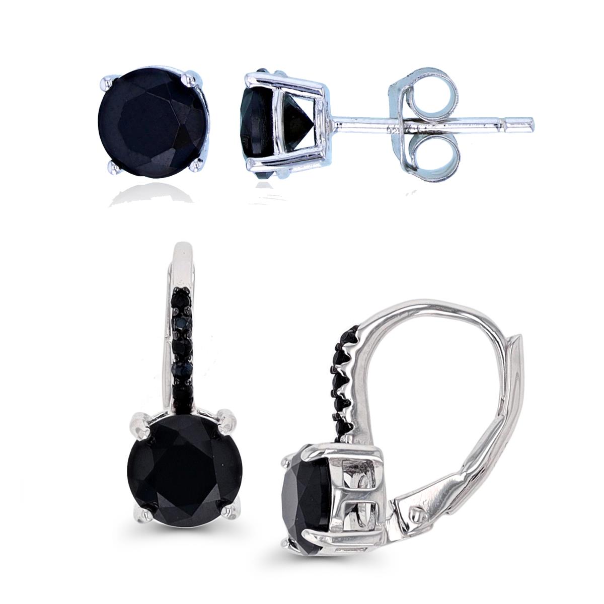 Sterling Silver Black & Rhodium 6mm Rd Black Spinel Leverback & Stud Earring Set