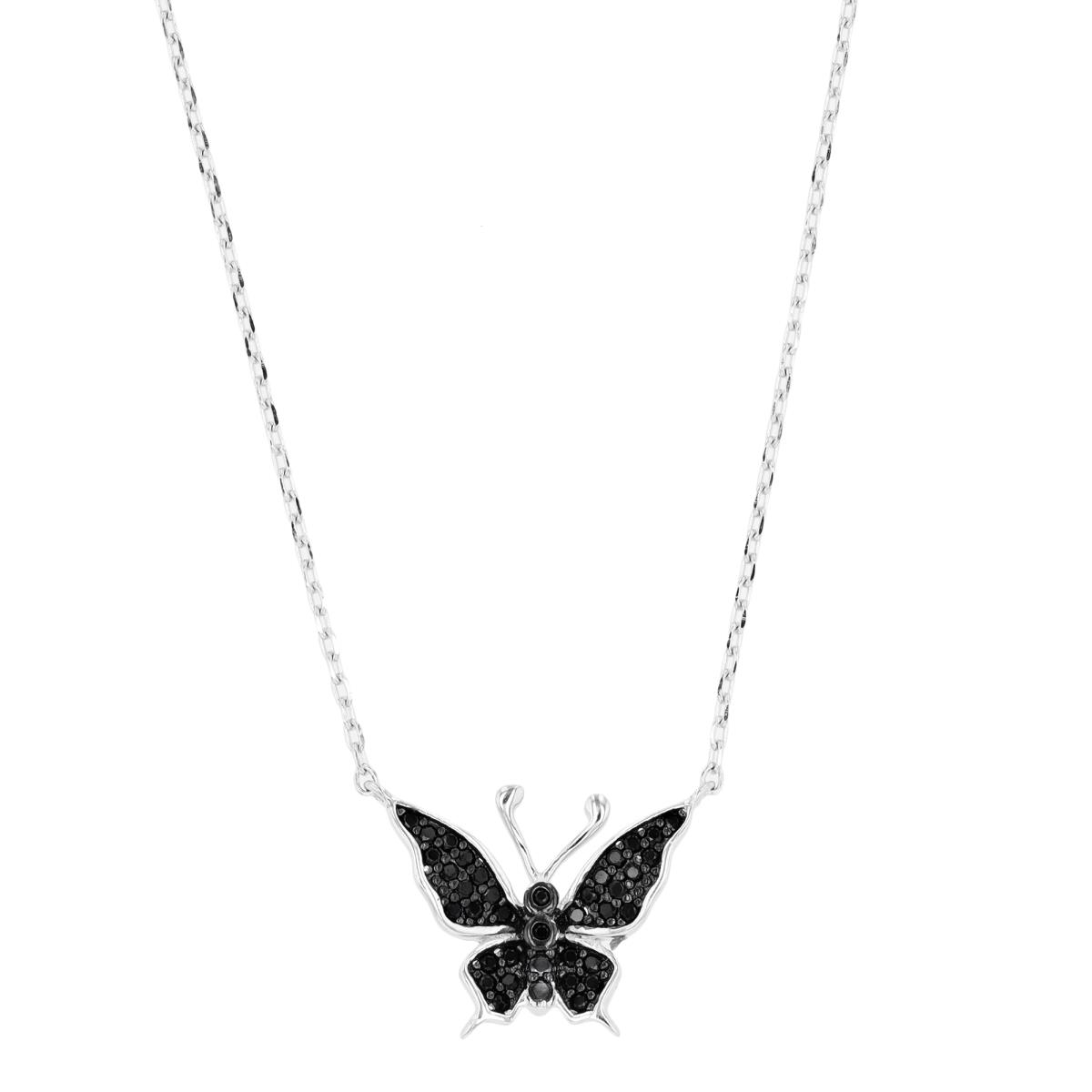 Sterling Silver Rhodium & Black Black Spinel Butterfly 18"+2" Necklace